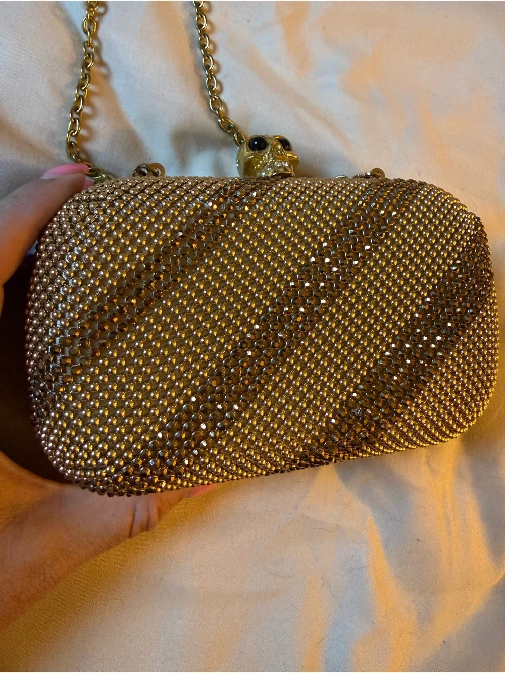 Gold Crystal Skull Evening Clutch with Chain Strap